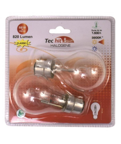 TEC HIT LIGHT Lot de 2 ampoules halogenes B22 52 W équivalent a 70 W blanc neutre