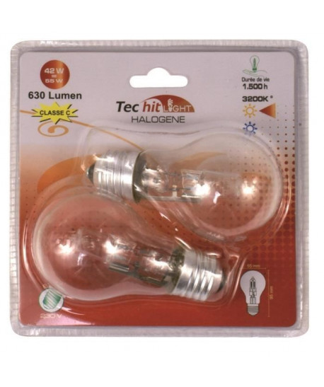 TEC HIT LIGHT Lot de 2 ampoules halogenes E27 42 W équivalent a 55 W blanc neutre