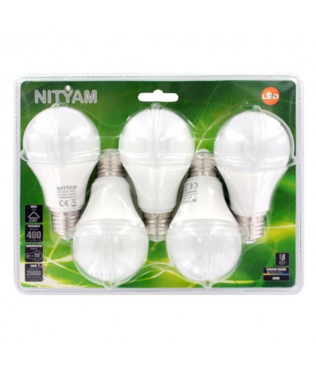 NITYAM Lot de 5 ampoules standard LED E27 6W équivalence 40W blanc chaud