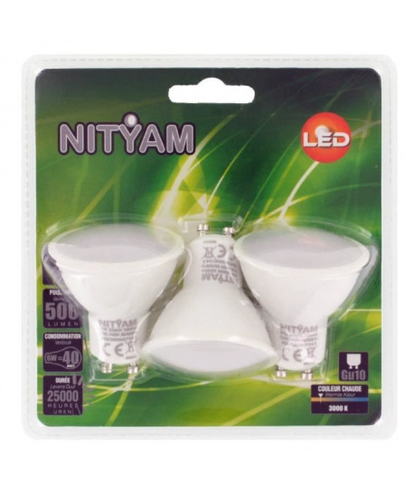 NITYAM Lot de 3 ampoules spot LED GU10 6W équivalence 40W blanc chaud