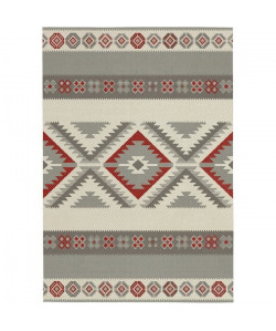 AZTEC Tapis ethnique tissé plat en velours polypropylene  140x200 cm  Gris et rouge bordeaux