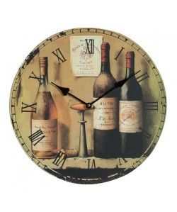 Horloge murale vintage en bois  Ř34 x 2 cm  Motif imprimé vin