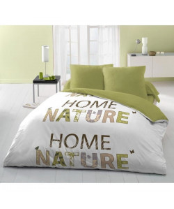 Parure de couette microfibre HOME NATURE  une housse de couette 220x240cm  2 taies d\'oreillers 63x63cm vert et blanc