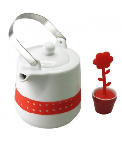 Théiere et boule a thé avec petit pot blanc et rouge