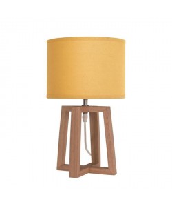 BEKER Lampe a poser en bois avec abatjour en tissu jaune moutarde  Ř 22 x H 38 cm