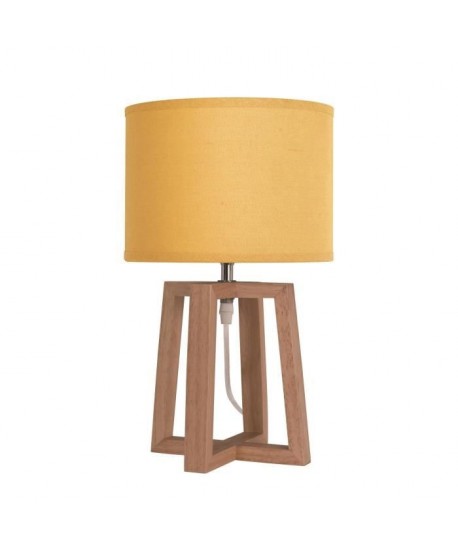 BEKER Lampe a poser en bois avec abatjour en tissu jaune moutarde  Ř 22 x H 38 cm