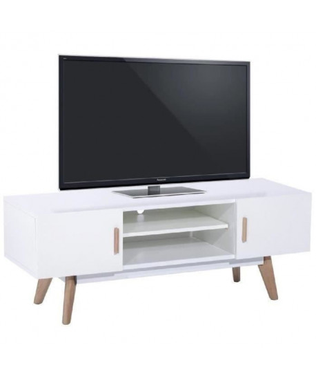 NORDIK Meuble TV scandinave blanc laqué avec cadre métal blanc et pieds bois chene massif vernis  L 120 cm