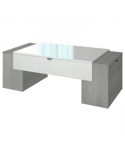 LUCKY Table basse style contemporain décor chene cendré et blanc brillant  L 123 x l 42 cm