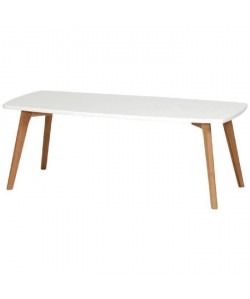 NORDIK Table basse scandinave blanc laqué avec cadre métal blanc et pieds bois chene massif vernis  L 110 x l 50 cm