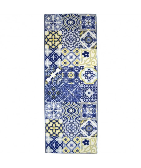 UTOPIA Tapis de couloir carreaux de ciment  80x150 cm bleu, jaune et blanc