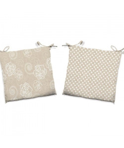 O\'CBO Lot de 2 galettes de chaises déhoussables SHABBY CONFORT  38x38x4 cm  Beige et blanc  Motifs : Roses et pois