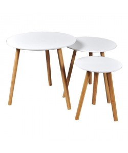 VENUS 3 tables gigognes rondes scandinave blanc laqué avec pieds en bois massif  L 50 x l 50 cm  L 40 x l 40 cm et L 30 x l 30 