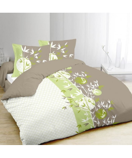 VISION Parure de couette ZENYA 100% Coton  1 housse de couette 220x240 cm  2 taies d\'oreiller 65x65 cm marron, vert et blanc