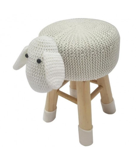 MOUTON Pouf de chambre  Pieds bois pin massif  Tissu blanc  Style contemporain  L 27 x P 35 cm