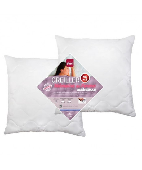 ABEIL Lot de 2 Oreillers a mémoire de forme matelassés 60x60 cm blanc