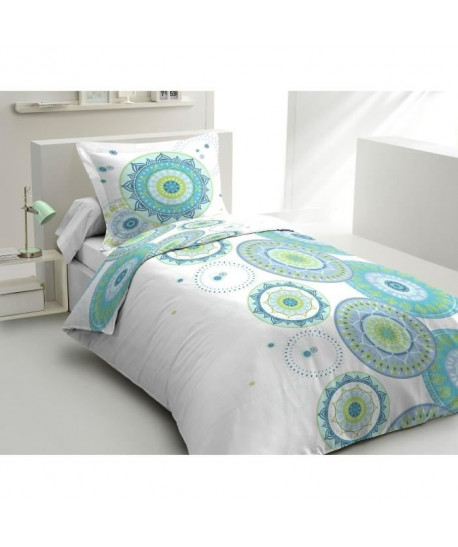 LOVELY HOME Parure de couette 100% coton MANDALA  1 Housse de couette 140x200 cm  1 Taie d\'Oreiller 65x65 cm  Bleu aqua