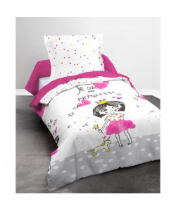 TODAY Parure de couette HAPPY PRINCESSE 100% coton  1 housse de couette et 1 taie d\'oreiller  140x200 cm  Blanc et rose fuschia