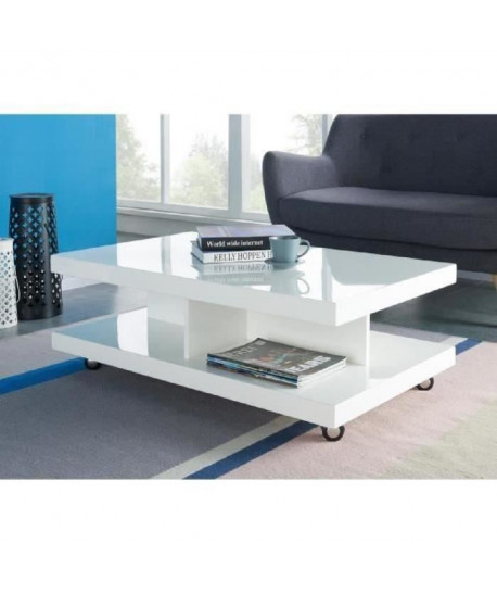 ROLLUP Table basse sur roulettes style contemporain laqué blanc brillant  L 100 x l 60 cm