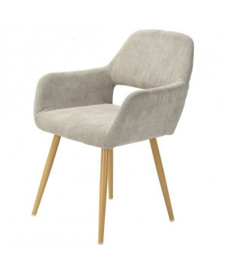 CROMWELL Chaise de salle a manger en métal imprimé bois  Revetement tissu beige  Style scandinave  L 56 x P 56 cm