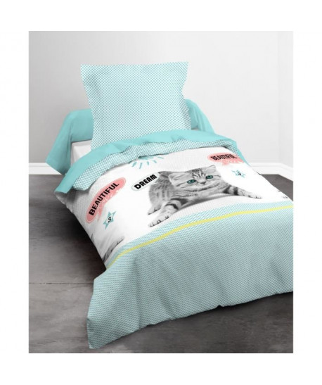 TODAY Parure de couette Happy Sunny Cat 100% Coton  1 housse de couette 140x200 cm  1 taie 63x63 cm bleu et multicolore